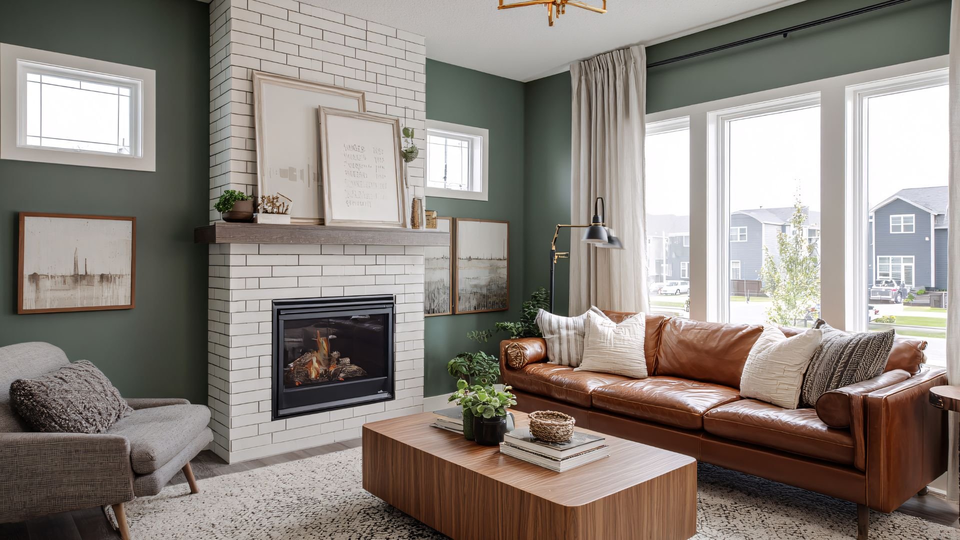 Cozy living room with green walls, leather sofa, fireplace, and large windows